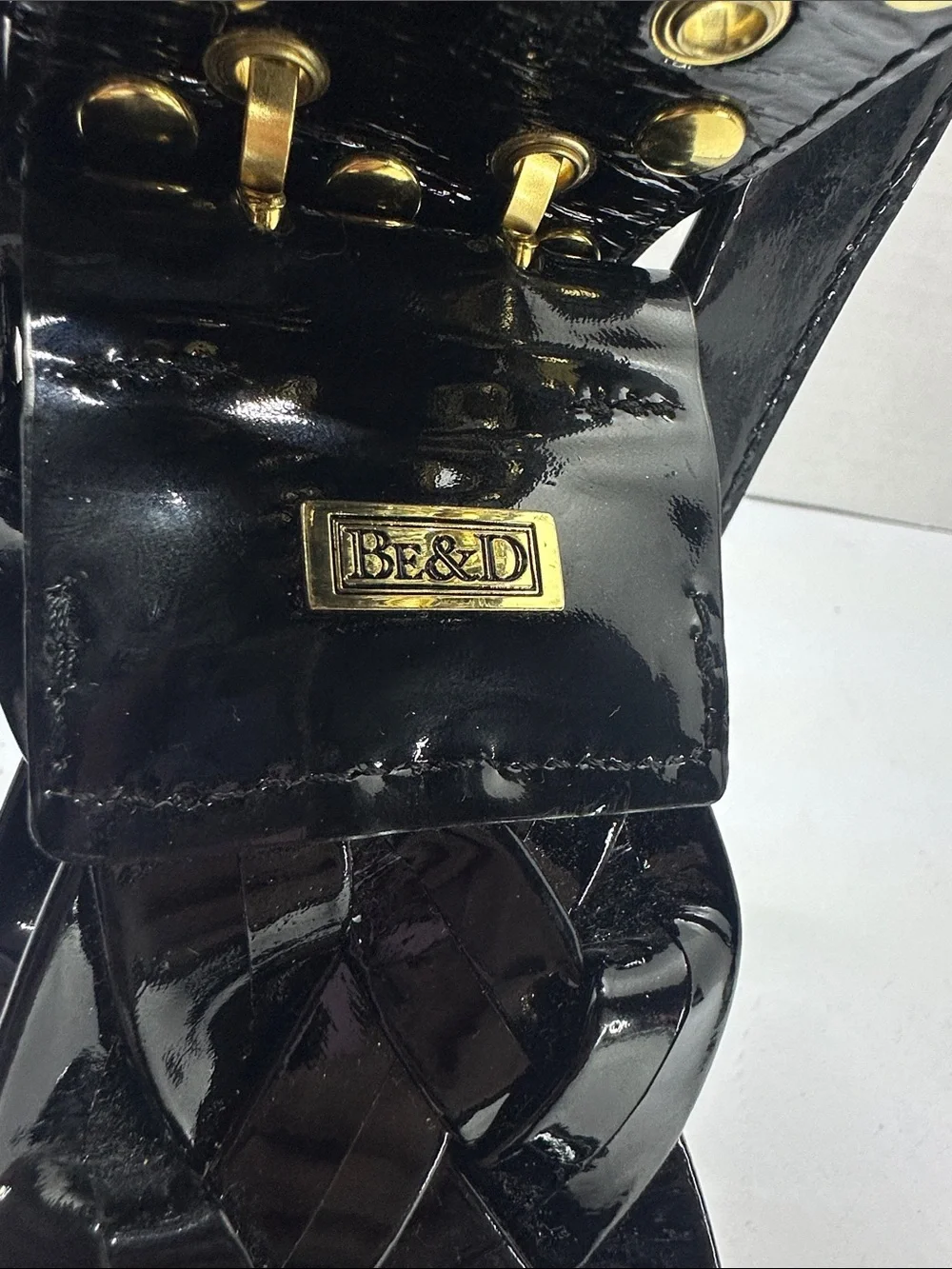 Be & D Black Patent Woven Belt with Gold Hardware Accents vintage